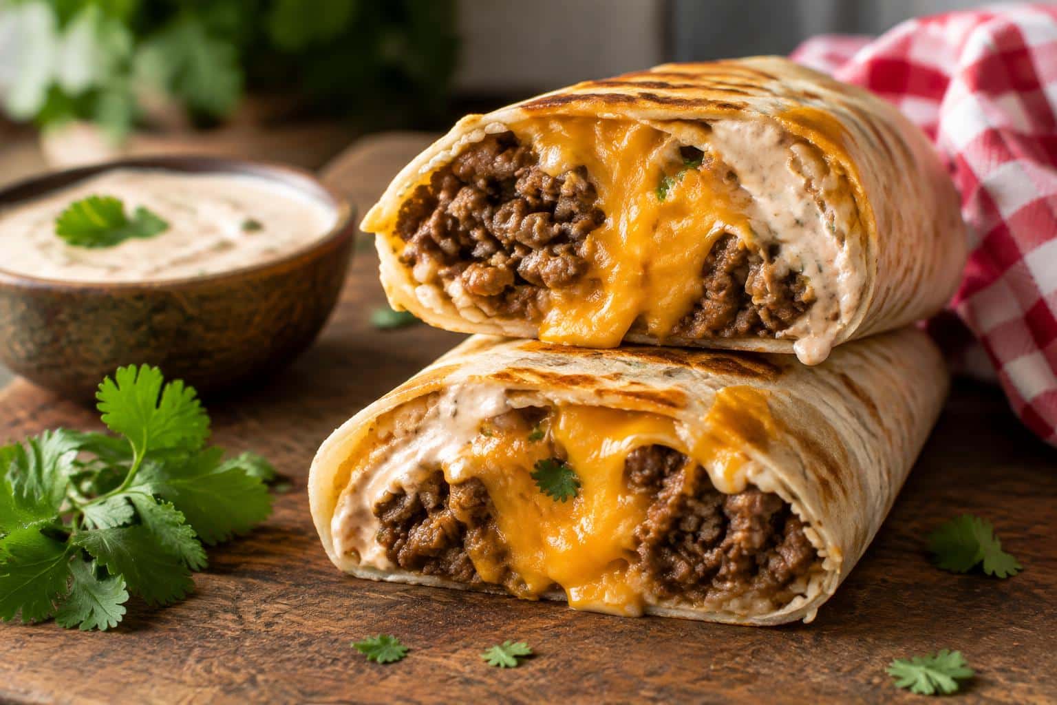 Loaded beef burritos with melted cheddar and creamy sauce close-up shot