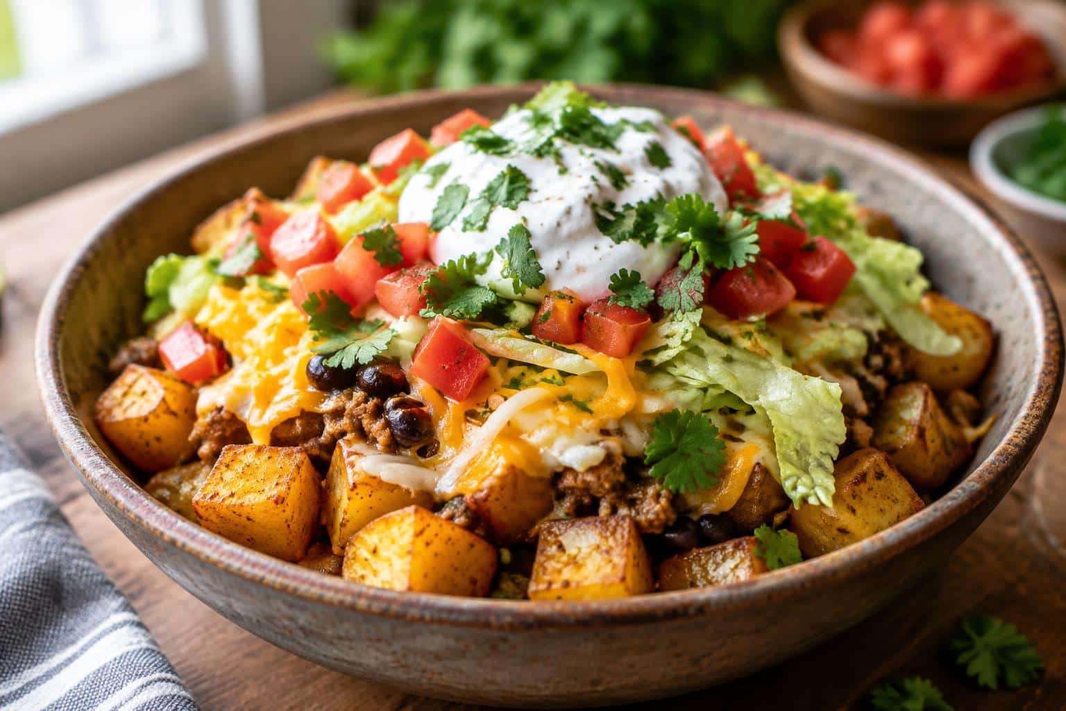 Loaded potato taco bowl meal prep with roasted potatoes and fresh toppings