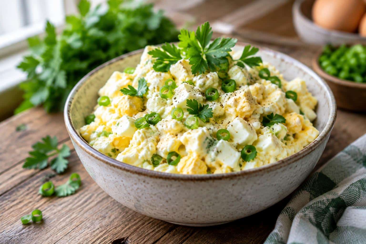 Creamy cottage cheese egg salad with fresh herbs in a bowl, showcasing the cottage cheese egg salad