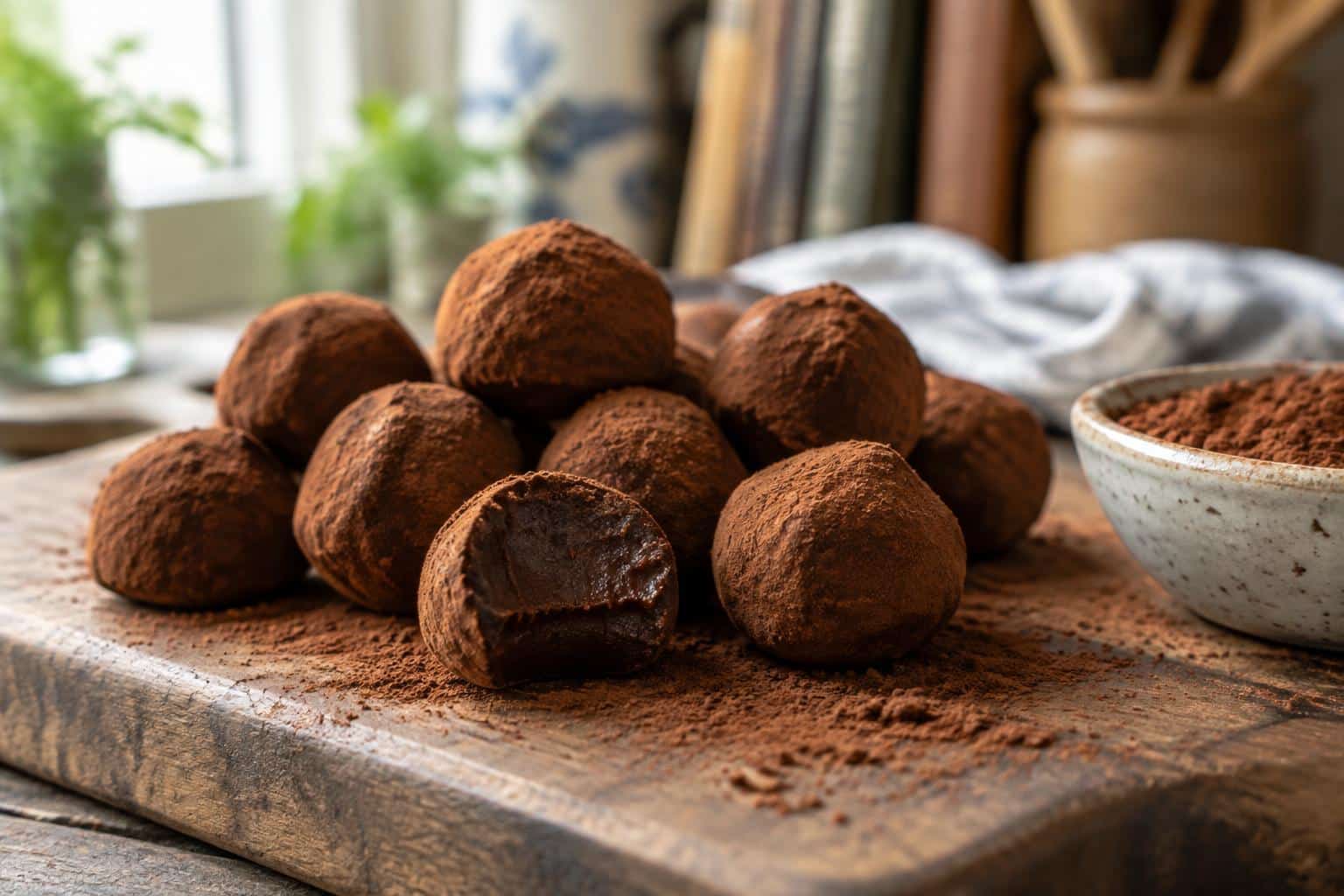 Homemade chocolate truffles dusted with cocoa powder on rustic wooden board, delicious chocolate truffles