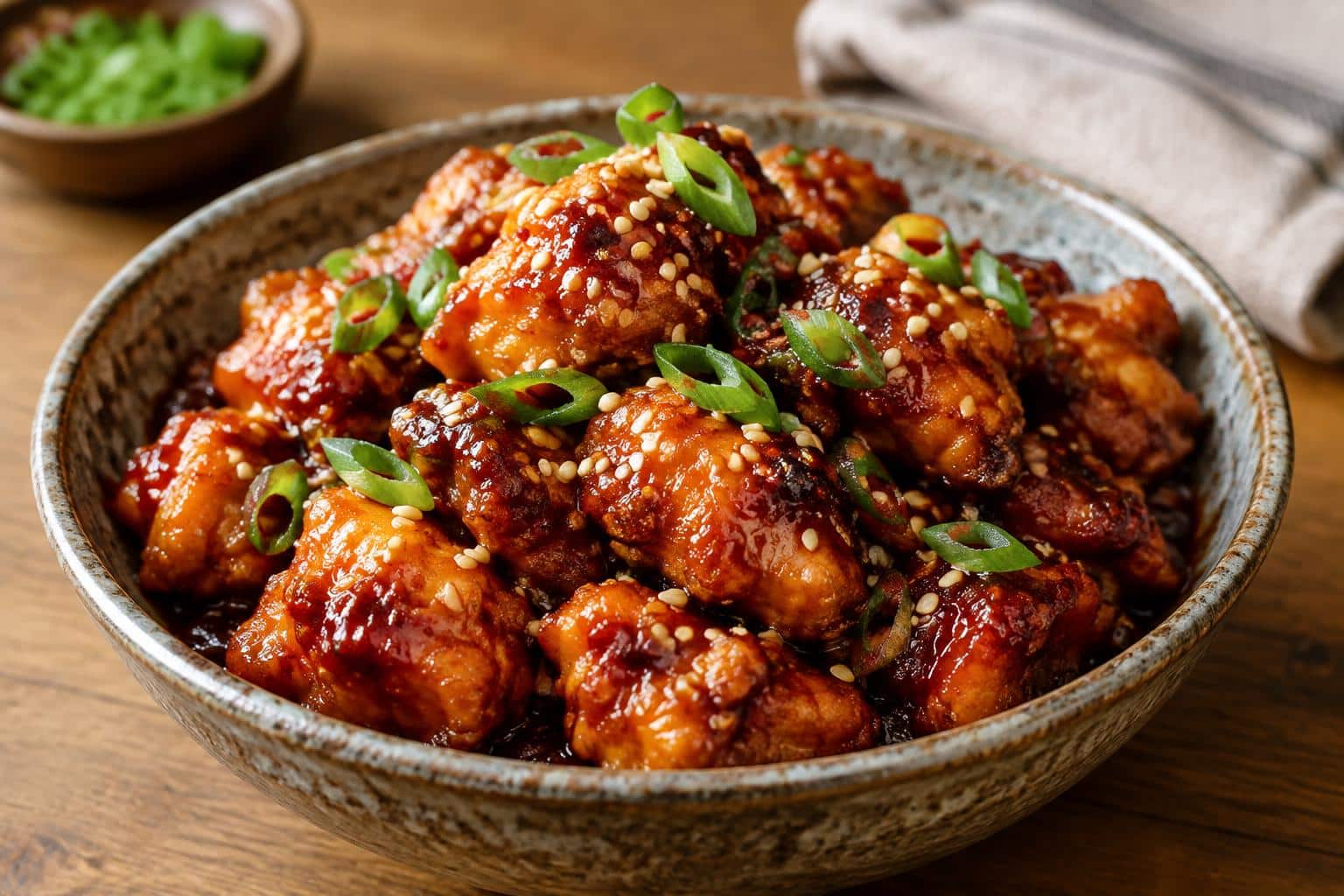 Spicy dragon chicken served in a bowl garnished with sesame seeds and green onions, spicy dragon chicken