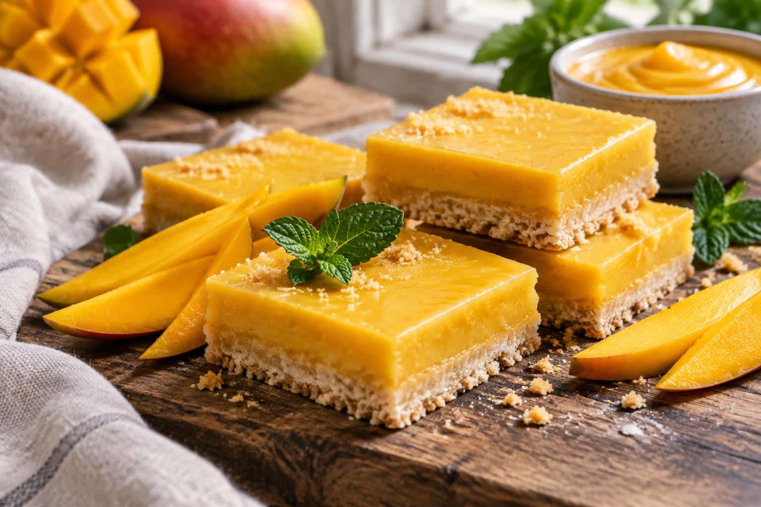 Mango curd dessert bars with buttery shortbread crust garnished with fresh mango slices and mint