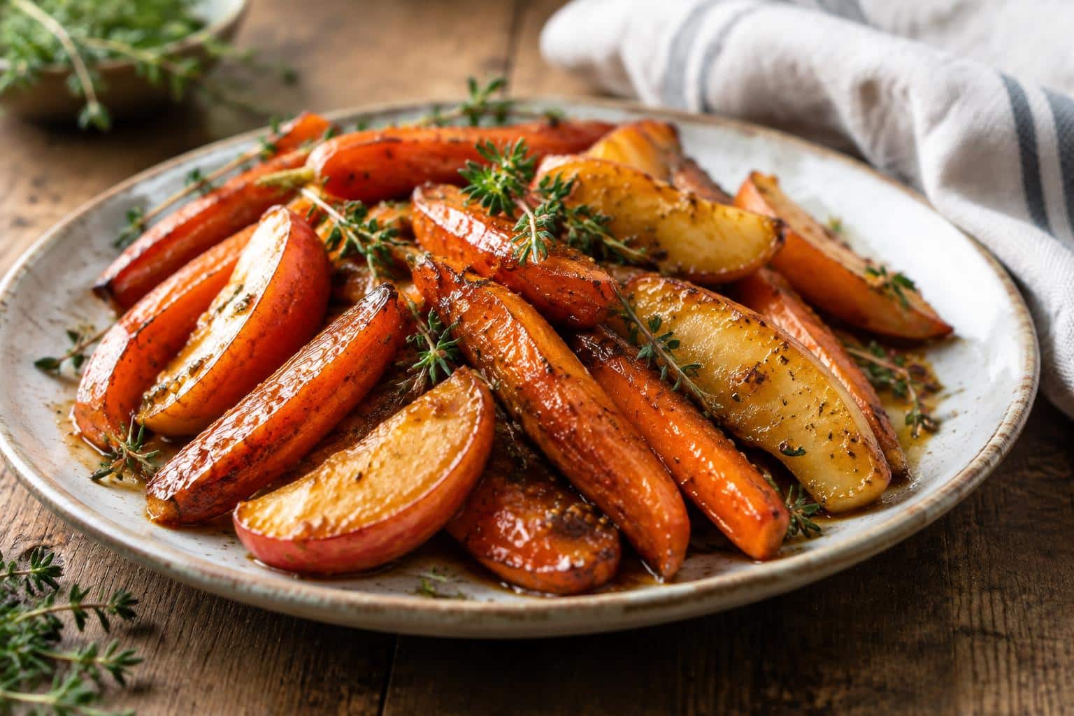Maple dijon roasted apples and carrots glazed and garnished with fresh thyme