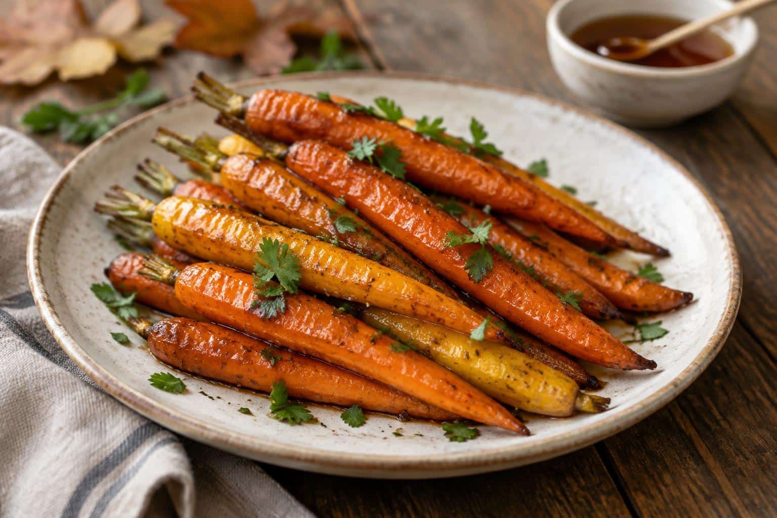 Maple dijon roasted carrots garnished with fresh parsley, sweet and savory side dish
