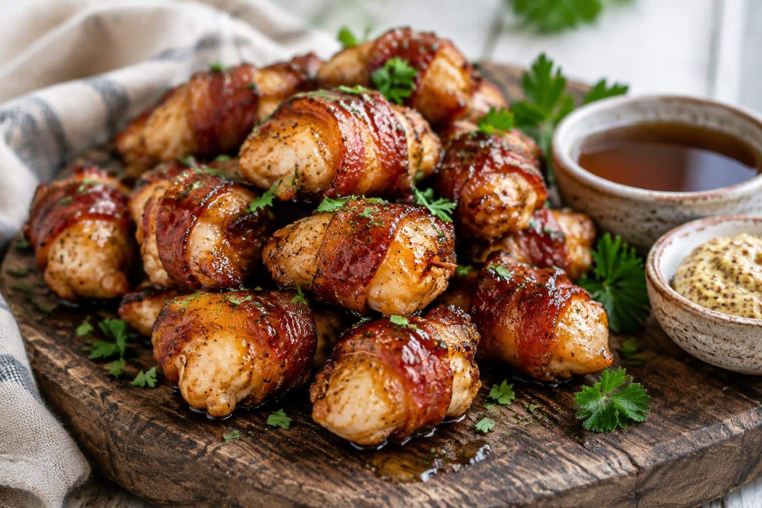 Maple glazed bacon chicken bites on rustic board garnished with parsley and maple glaze