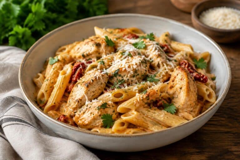 Creamy marry me chicken pasta served in a bowl garnished with parsley and parmesan