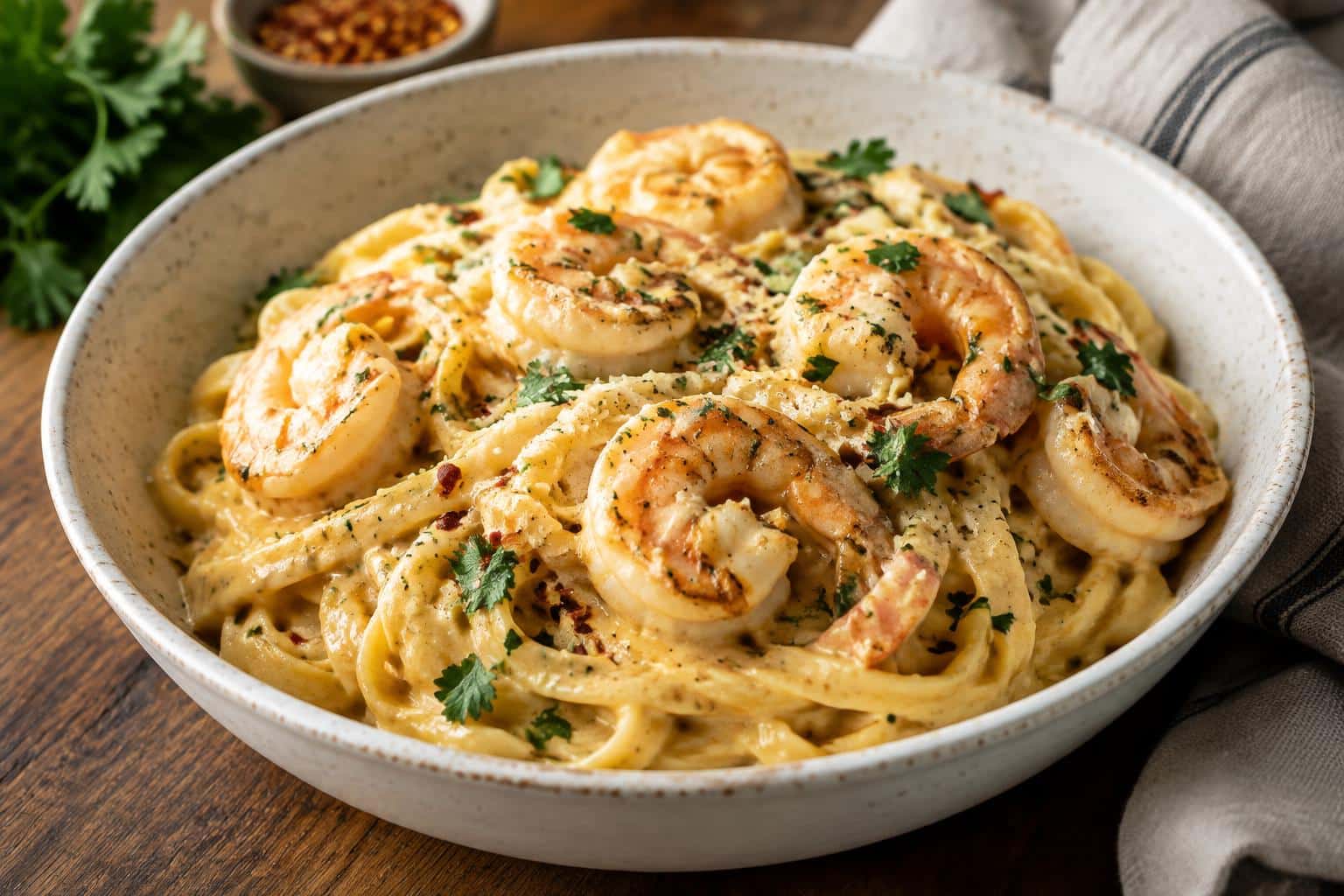 Creamy Marry Me Shrimp Pasta with shrimp and parsley garnish in bowl