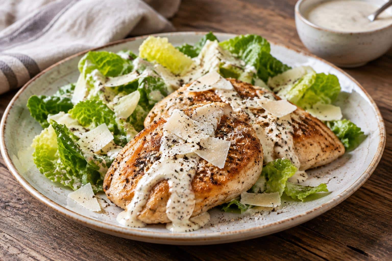 Plated melt in your mouth Caesar chicken topped with creamy dressing and Parmesan cheese