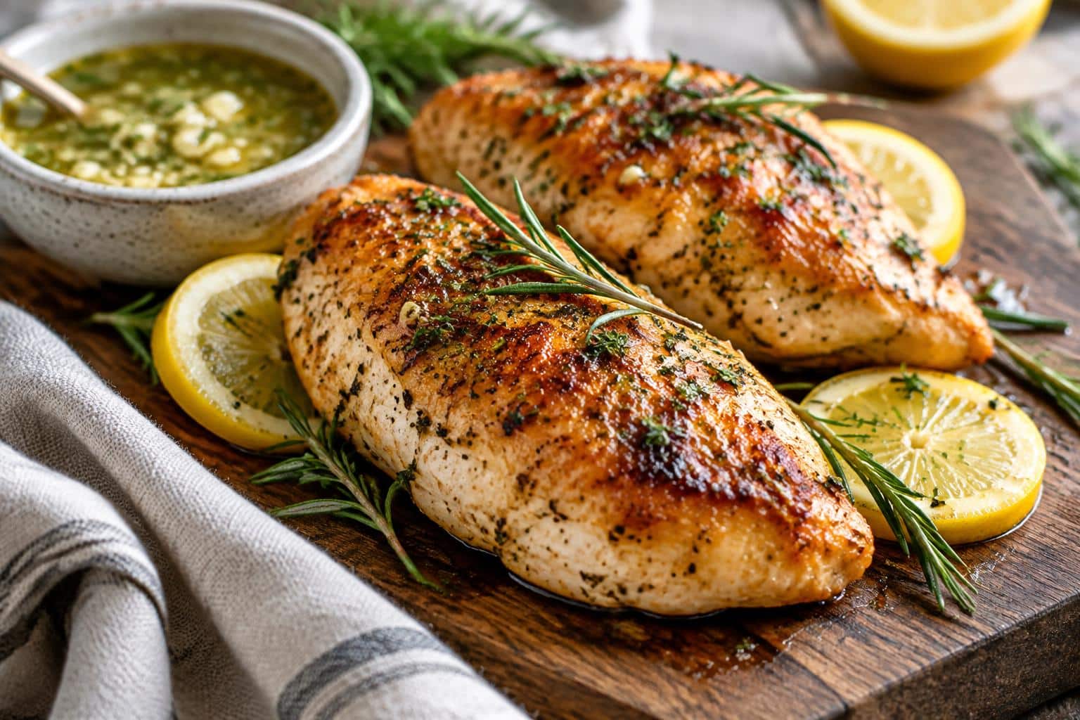 Close-up of melt in your mouth chicken with juicy golden crust and herb garnish
