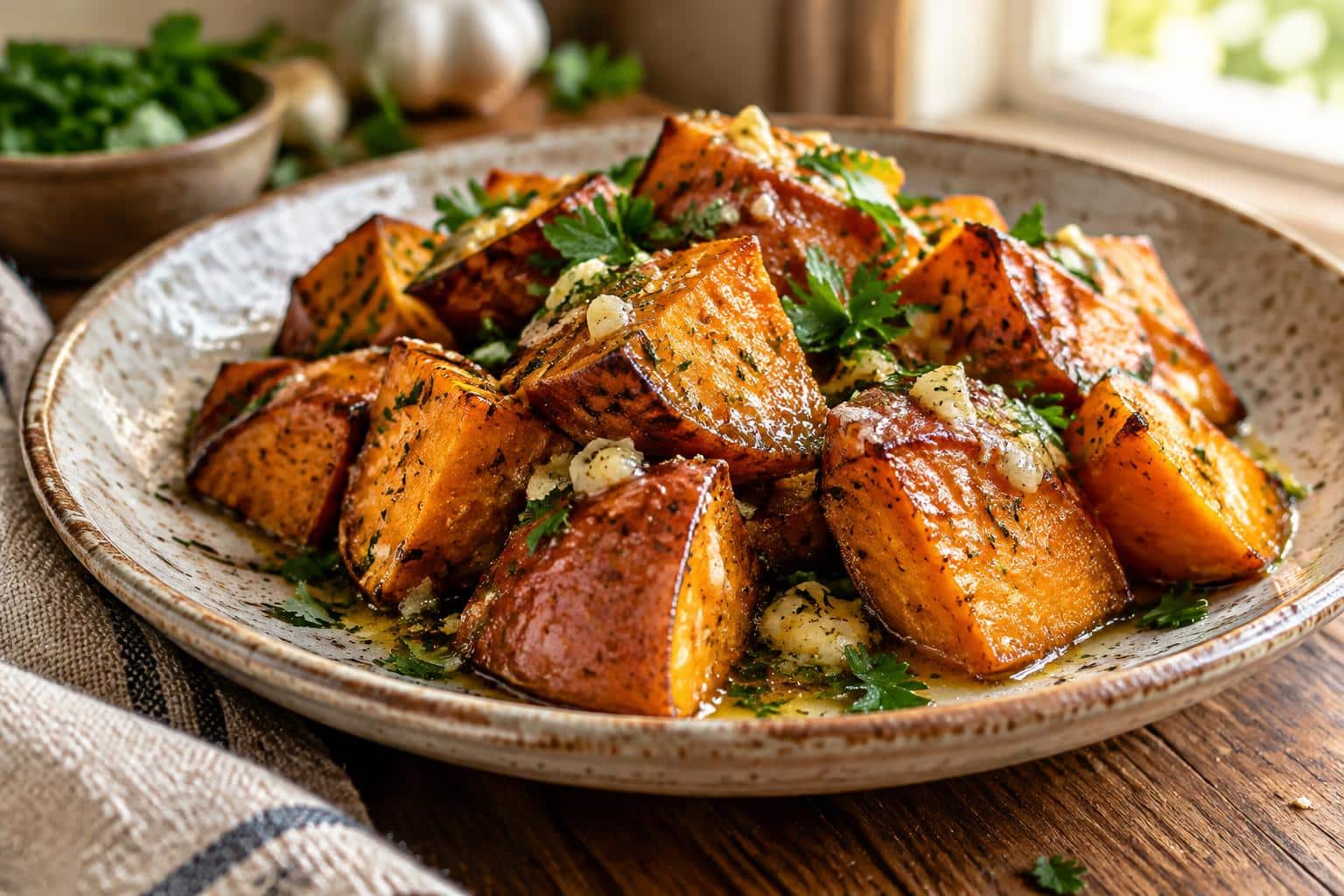 Melting sweet potatoes with garlic butter and fresh herbs on a rustic plate