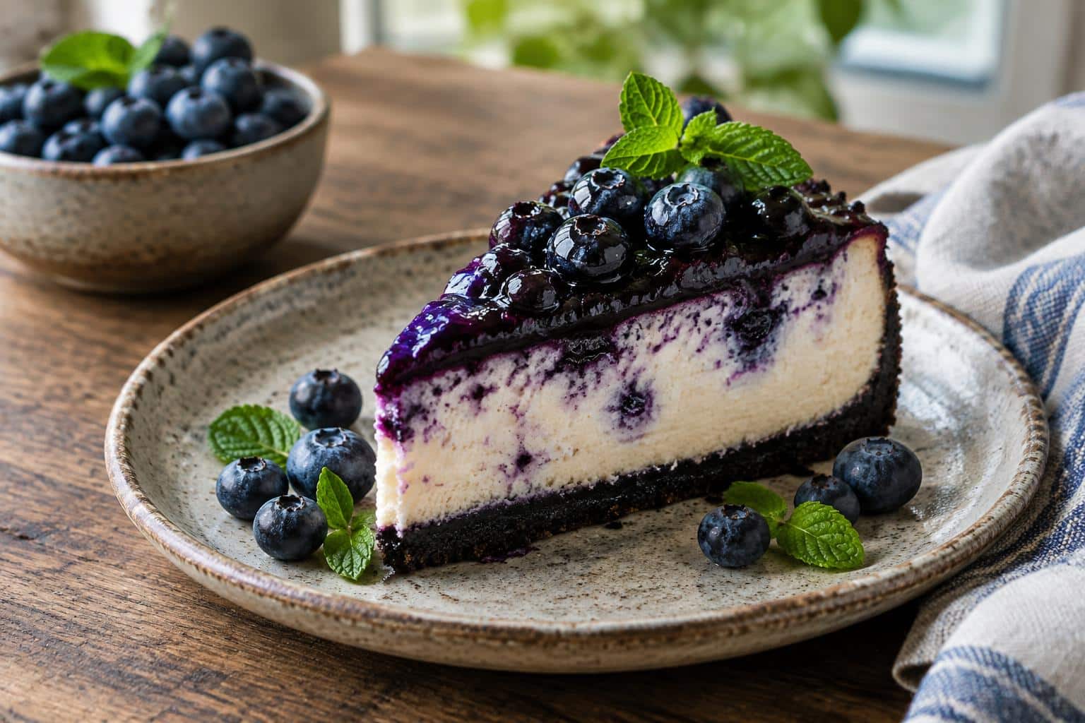Slice of midnight blueberry cheesecake with fresh blueberries and mint garnish, showcasing the midnight blueberry cheese