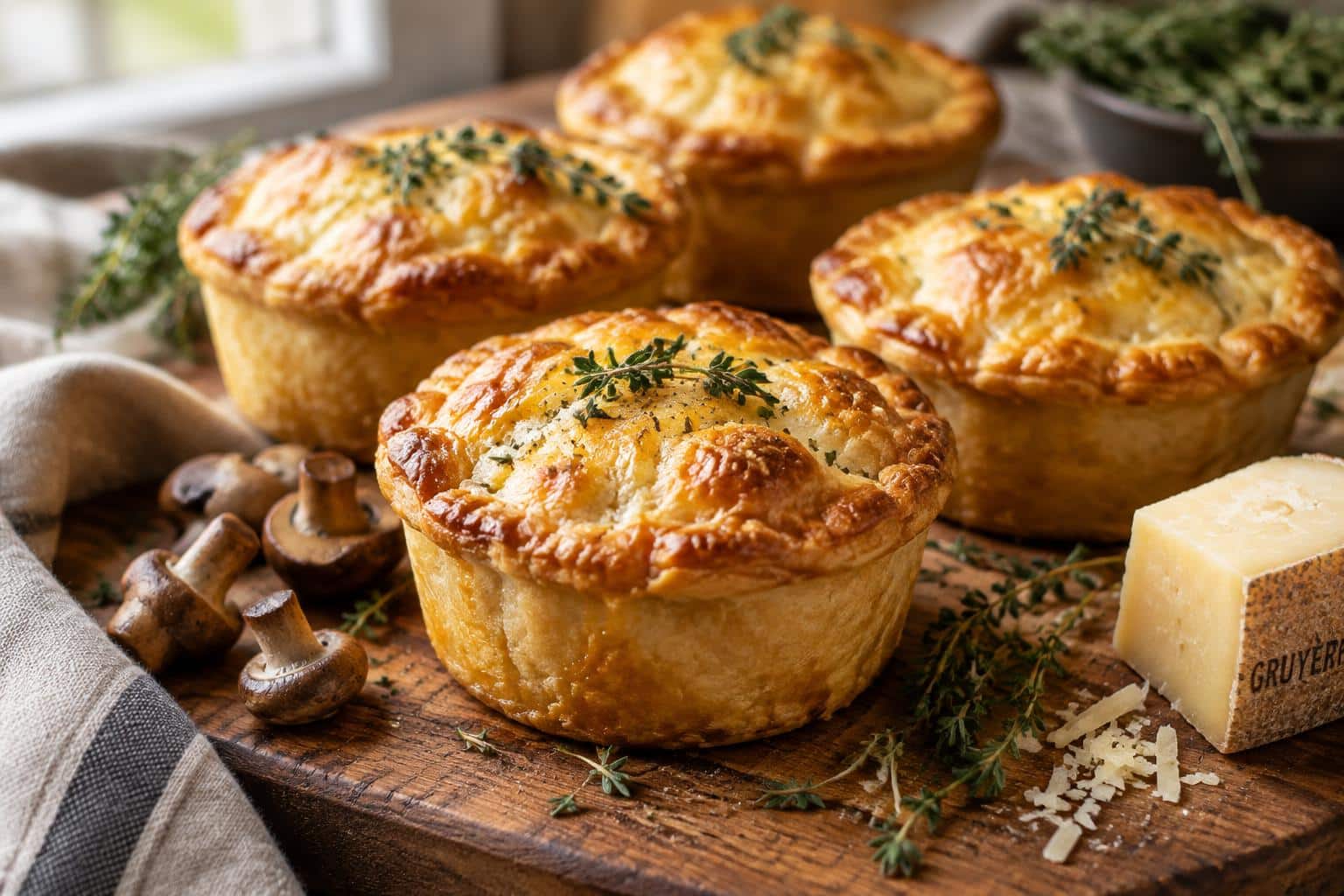 Mini mushroom pot pies with Gruyère and thyme garnished and baked golden brown