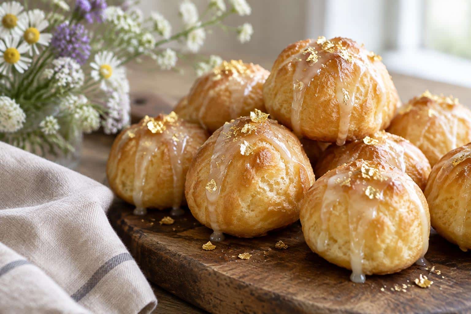 Fluffy golden puffy balls with a light glaze and edible gold flakes on a wooden board, puffy balls recipe