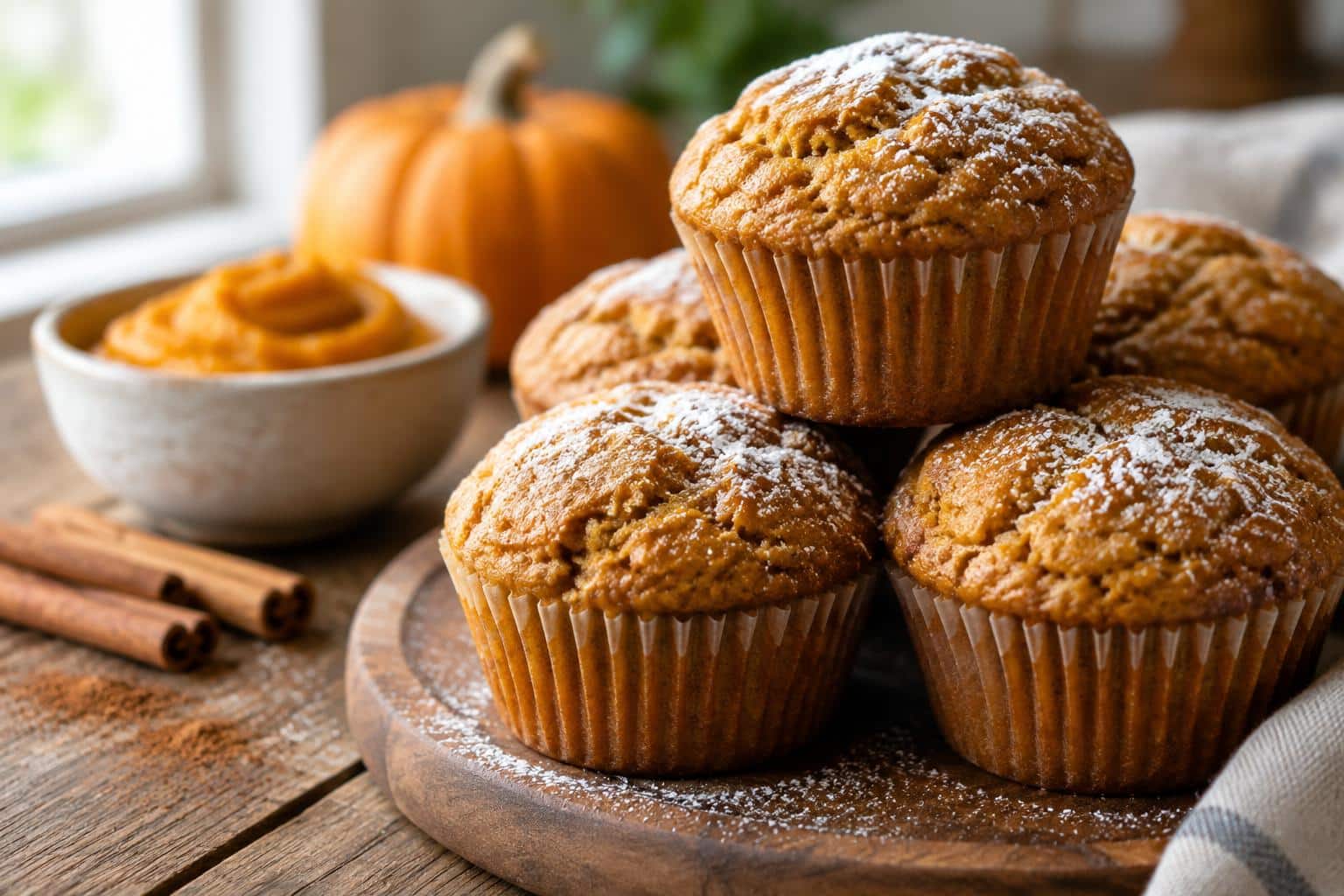 Moist Greek yogurt pumpkin muffins stacked on a rustic table with warm natural light