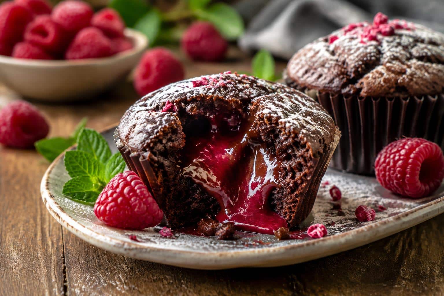Molten raspberry chocolate cupcakes with ooey gooey center and fresh raspberries