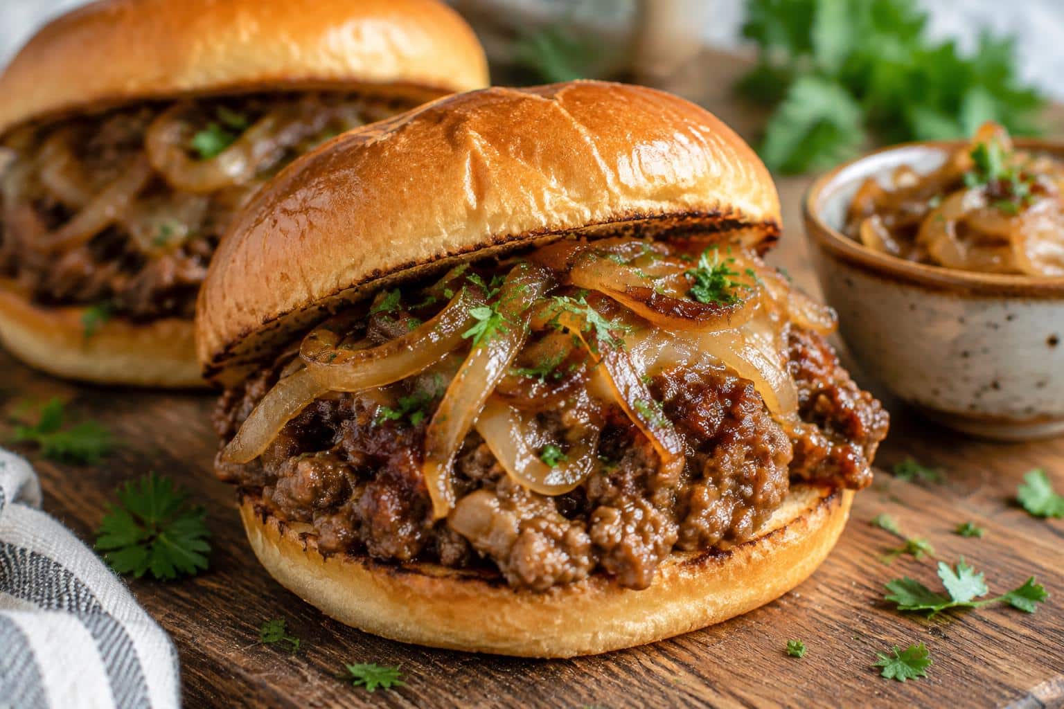 French onion sloppy joes with caramelized onions on toasted buns served on rustic wooden table