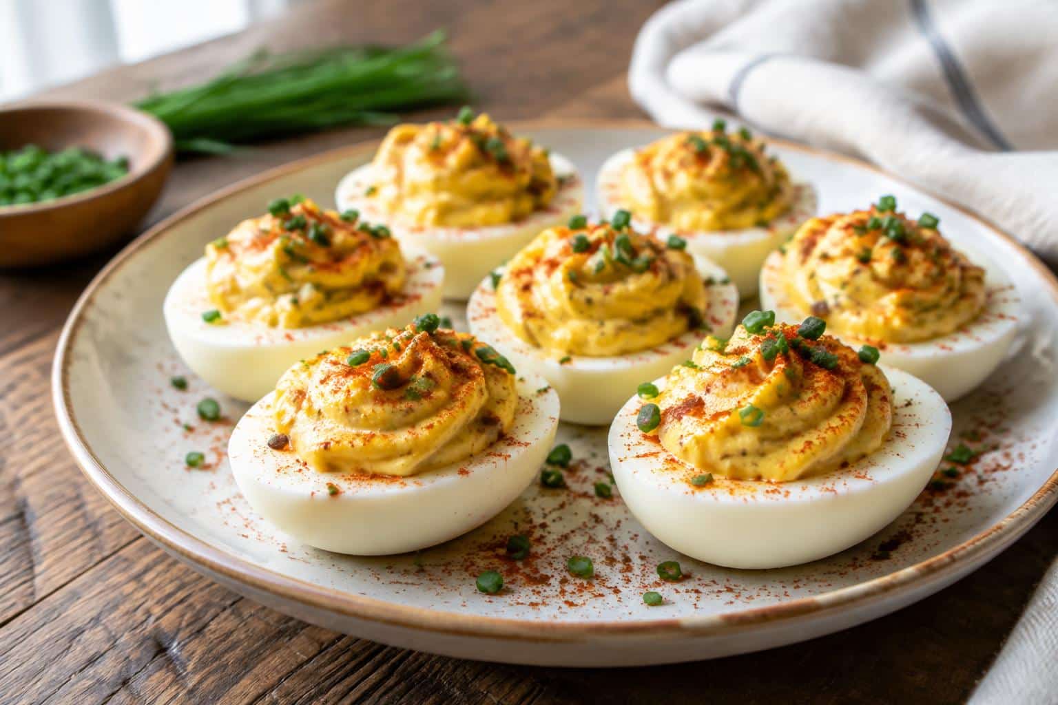 Plate of mouthwatering million dollar deviled eggs garnished with paprika and chives