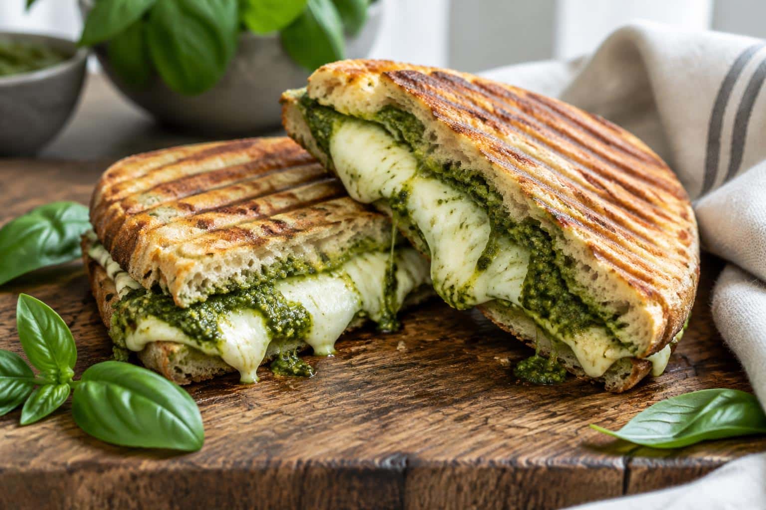 Grilled mozzarella pesto panini with melted cheese and fresh basil, showing the mozzarella pesto panini close-up