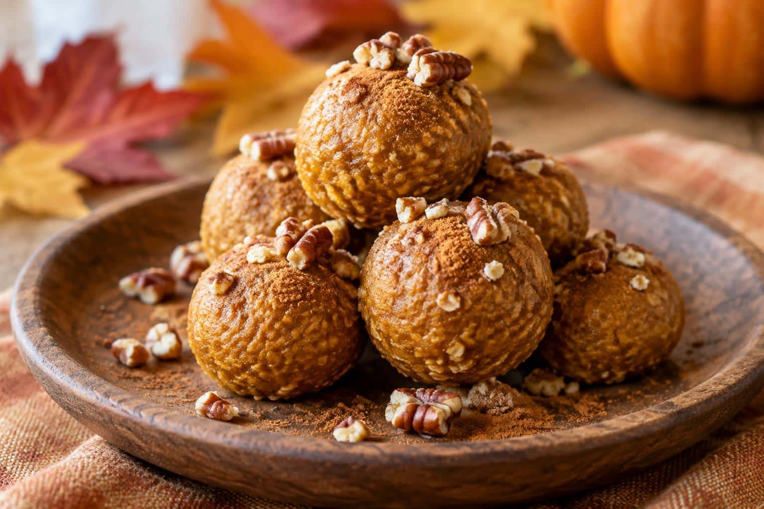 No bake pumpkin balls on a wooden plate garnished with cinnamon and pecans