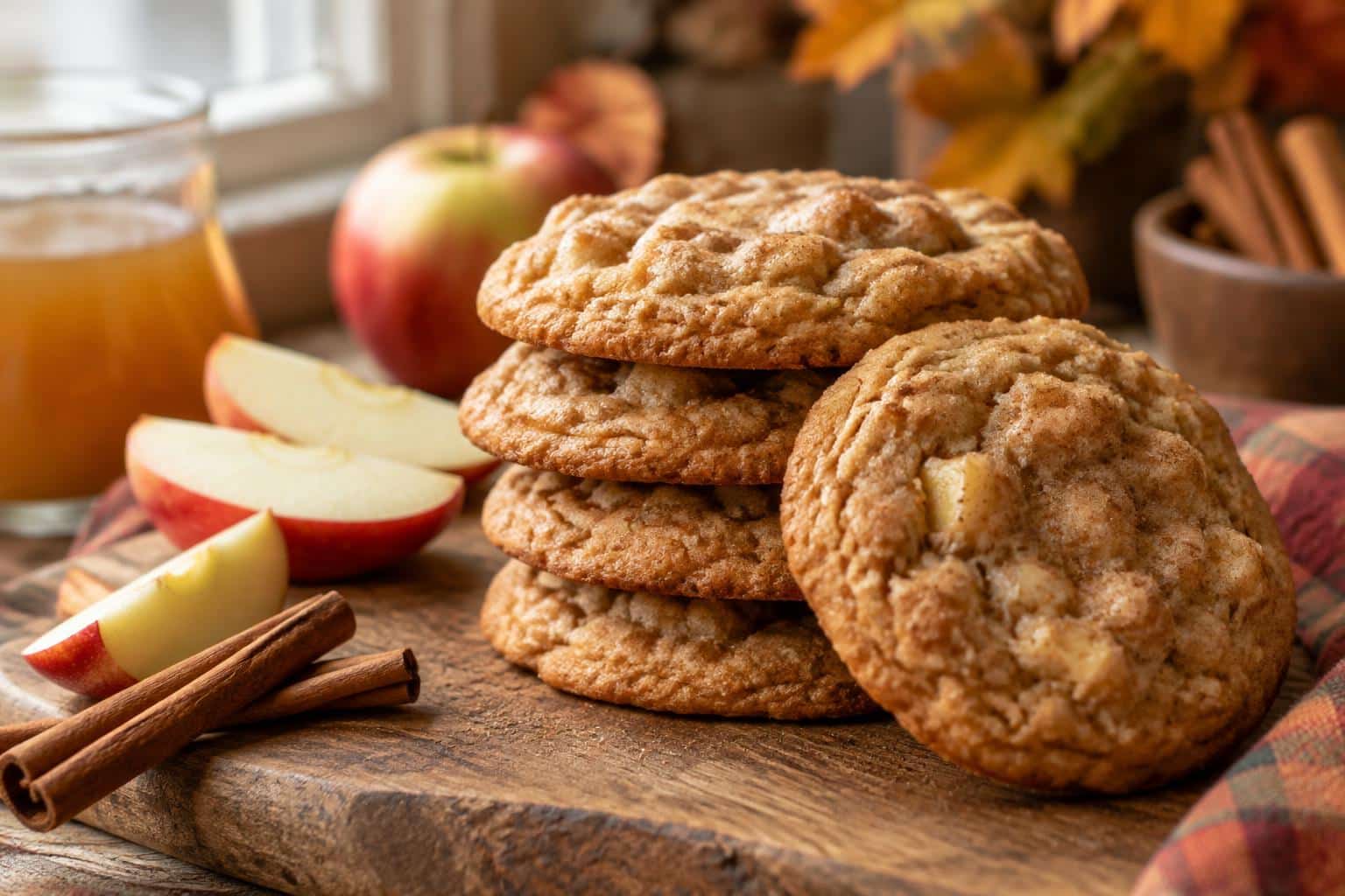 Stack of old-fashioned apple cider cookies with cinnamon sticks and apple slices, showcasing apple cider cookies