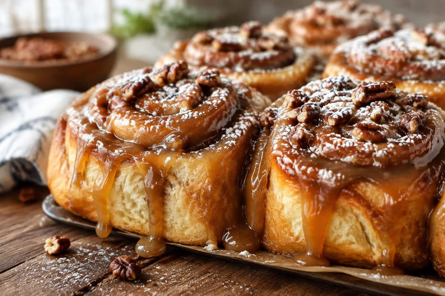 Soft and gooey old fashioned caramel rolls with caramel glaze and pecans on rustic surface