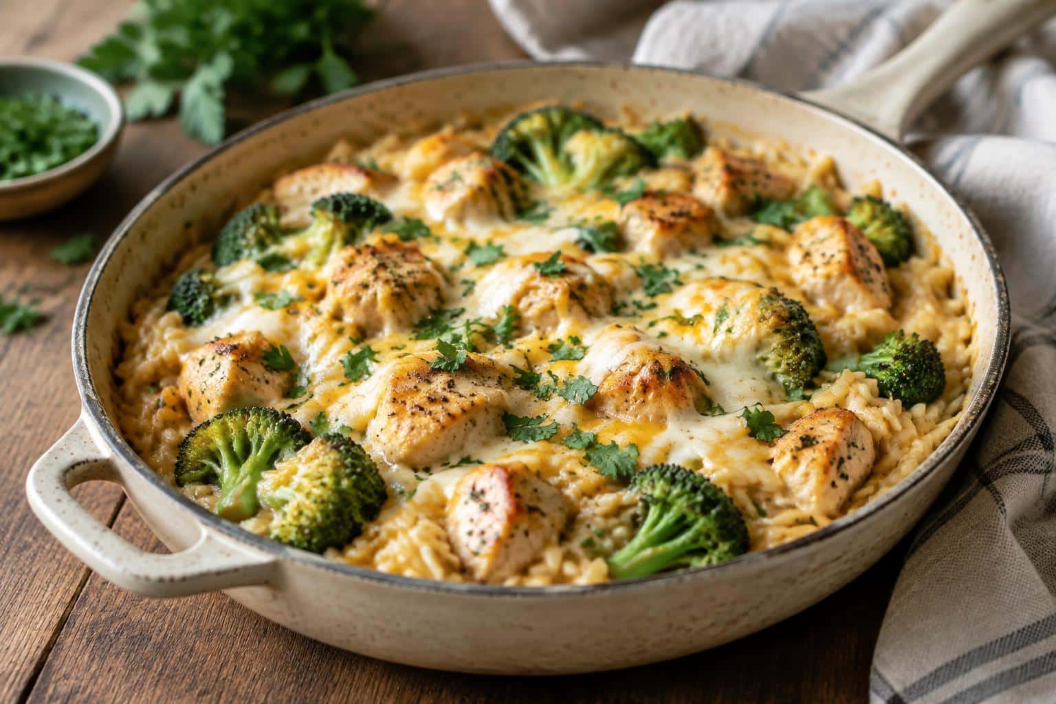 One-pan cheesy chicken broccoli orzo in a skillet with melted cheese and fresh parsley