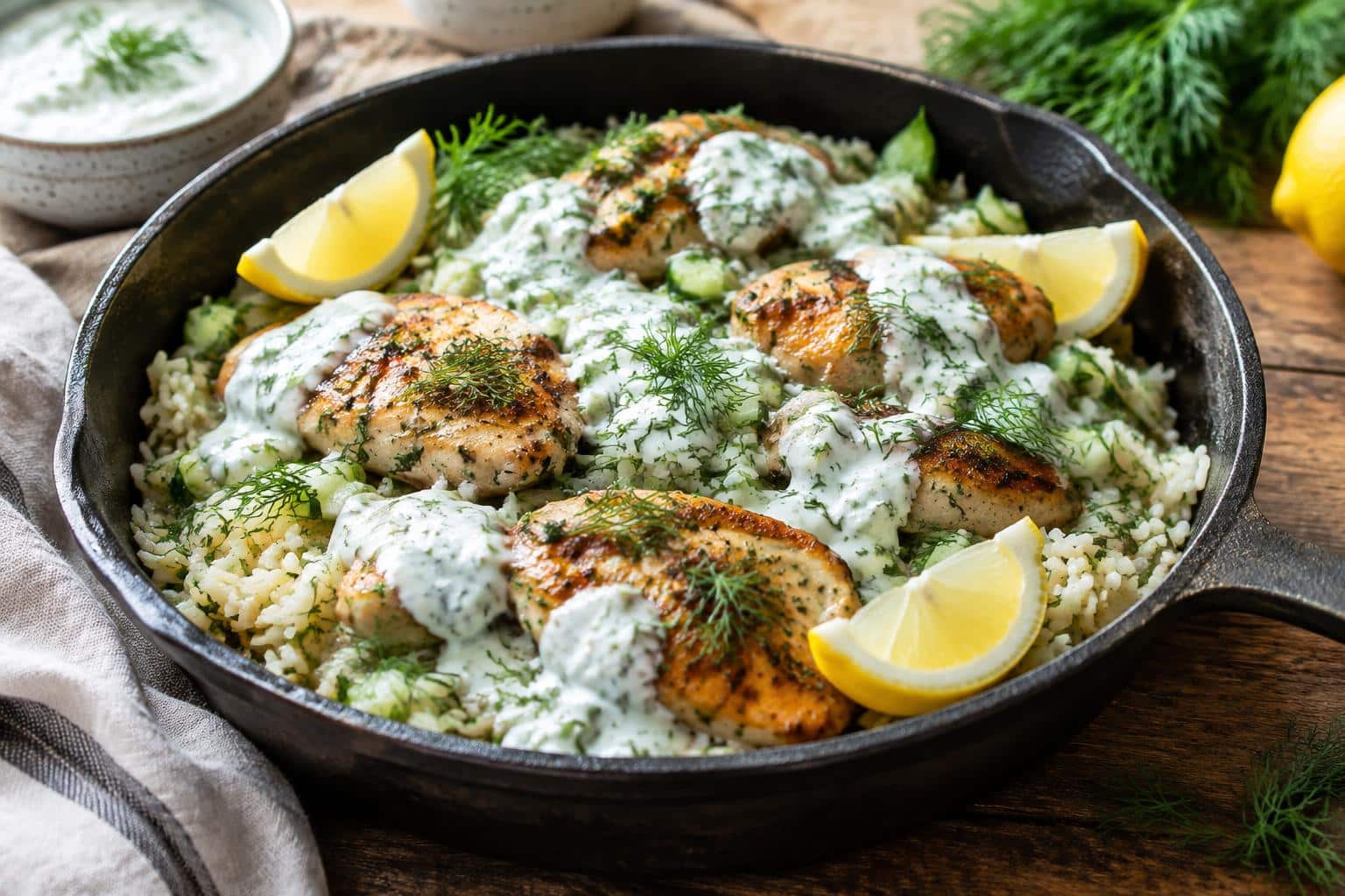 One-pan chicken tzatziki rice garnished with fresh dill and lemon wedges in a rustic skillet