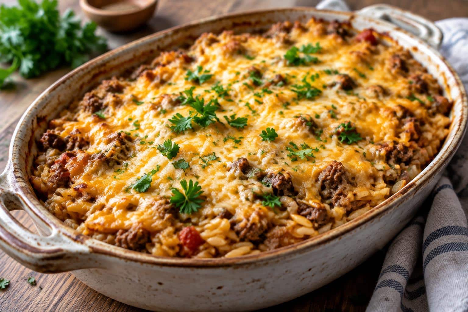 One-pan ground beef orzo bake with melted cheese and fresh parsley garnish