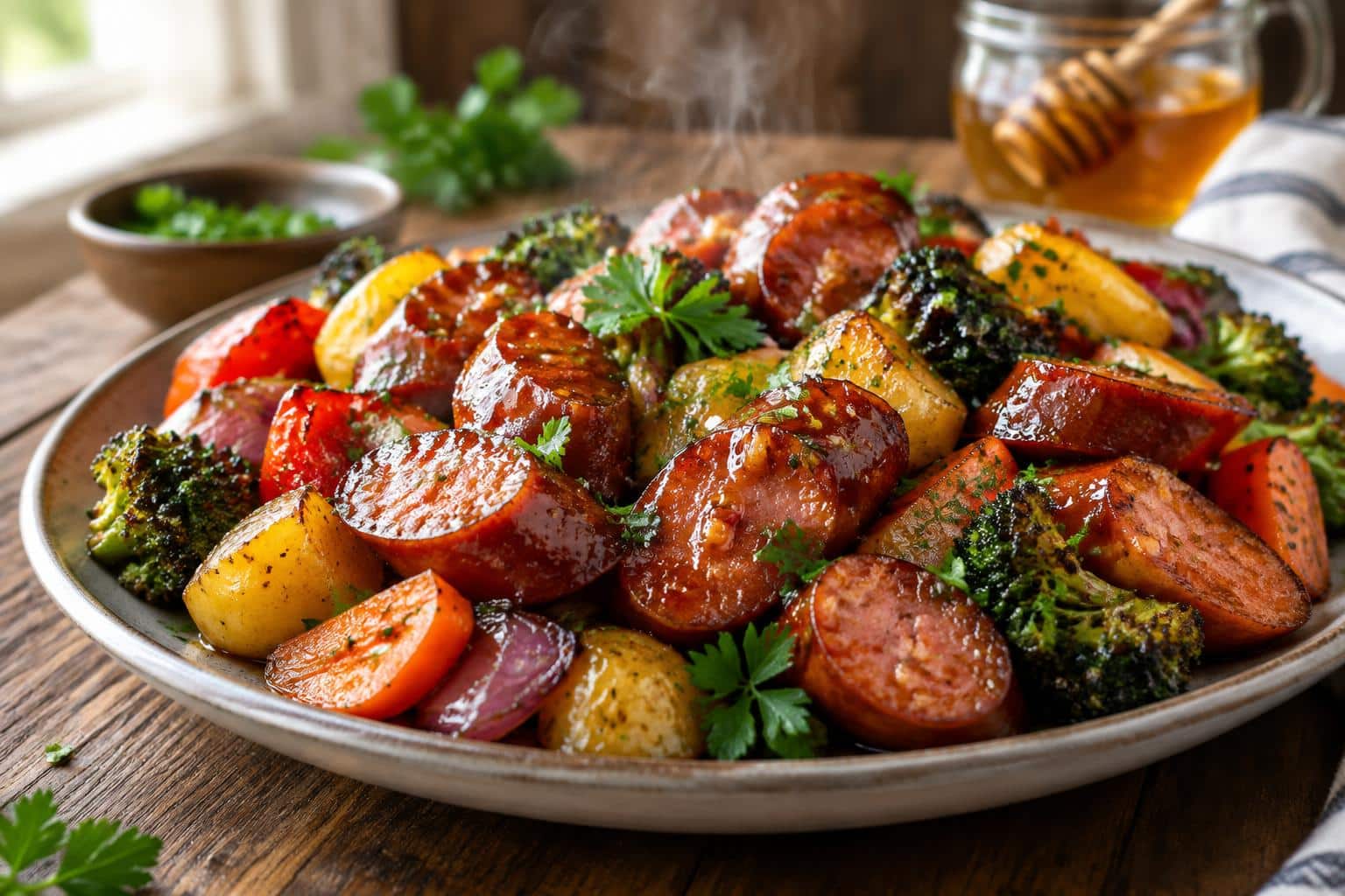 Honey garlic kielbasa and veggies plated with fresh parsley garnish in natural light