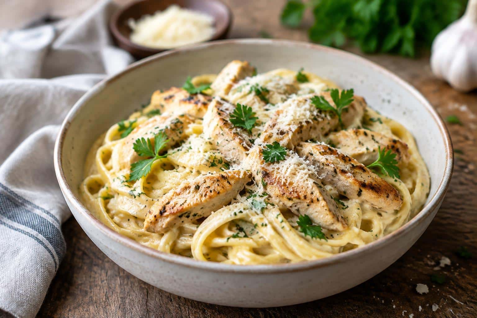 Creamy garlic parmesan chicken pasta garnished with parsley and parmesan cheese