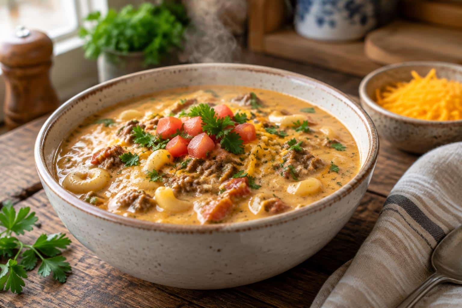 Creamy macaroni cheeseburger soup in a bowl garnished with parsley and tomatoes without Velveeta