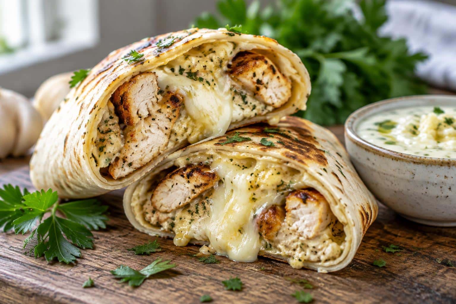 Cheesy garlic chicken wraps sliced open showing melted cheese and chicken filling