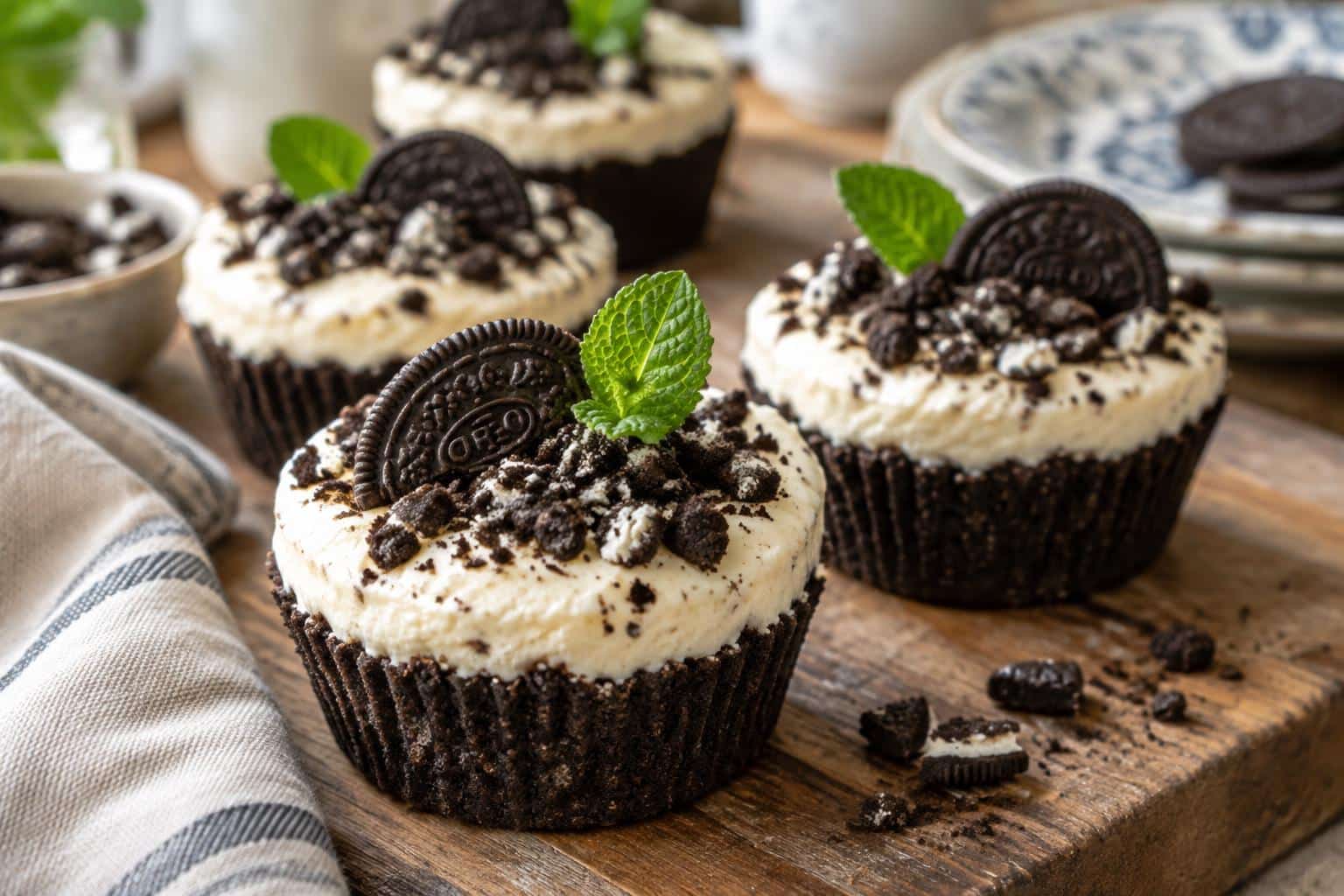 Oreo cheesecake cookie cups with creamy filling and cookie crust garnished with mint and Oreo crumbs