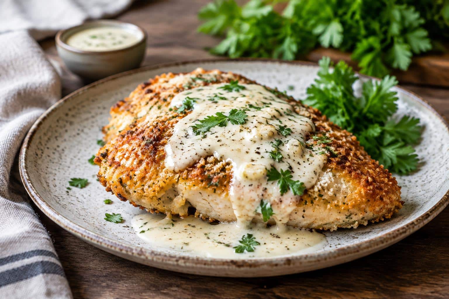 Golden parmesan crusted chicken with creamy garlic sauce garnished with parsley