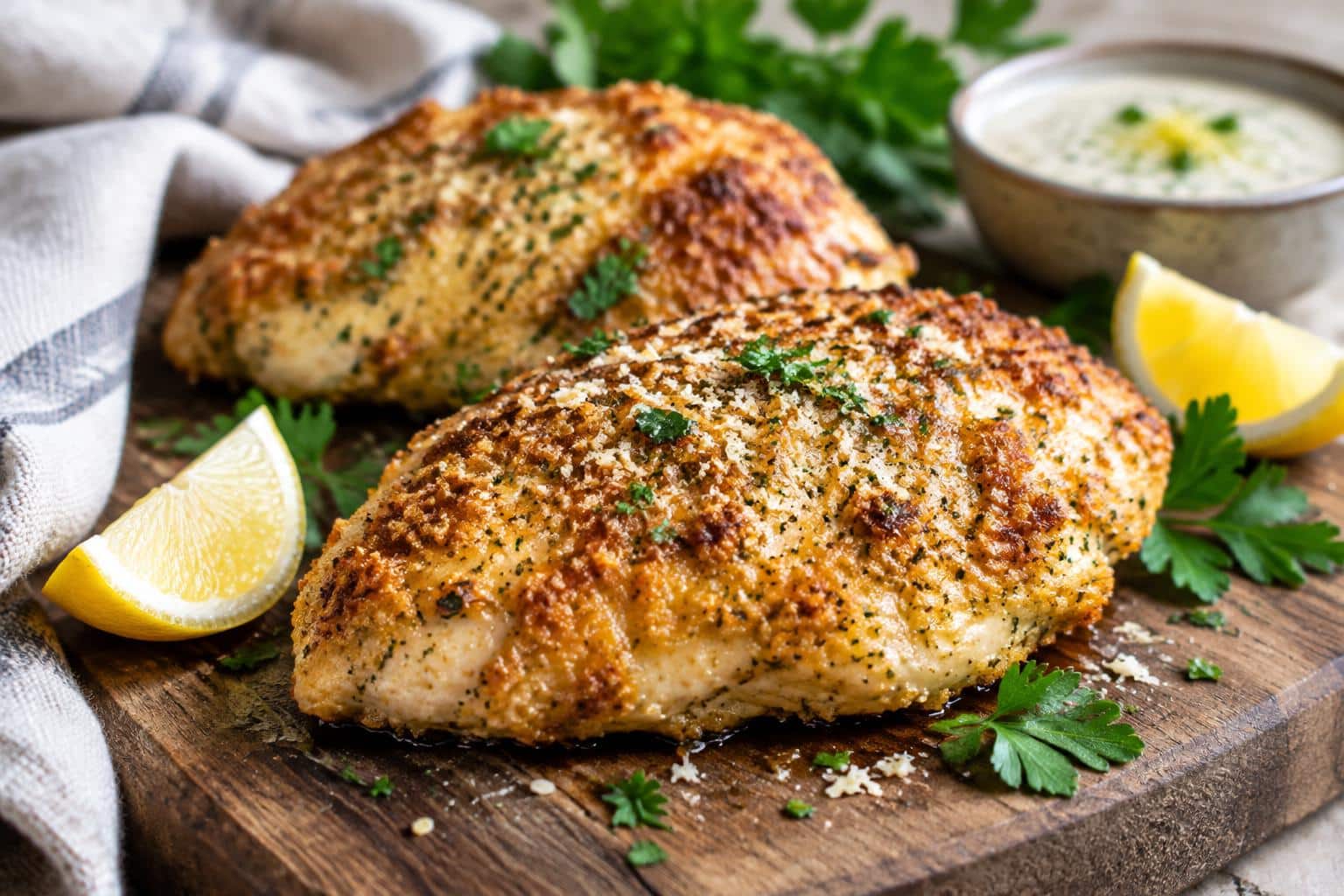Golden parmesan crusted chicken breast garnished with parsley and lemon wedges