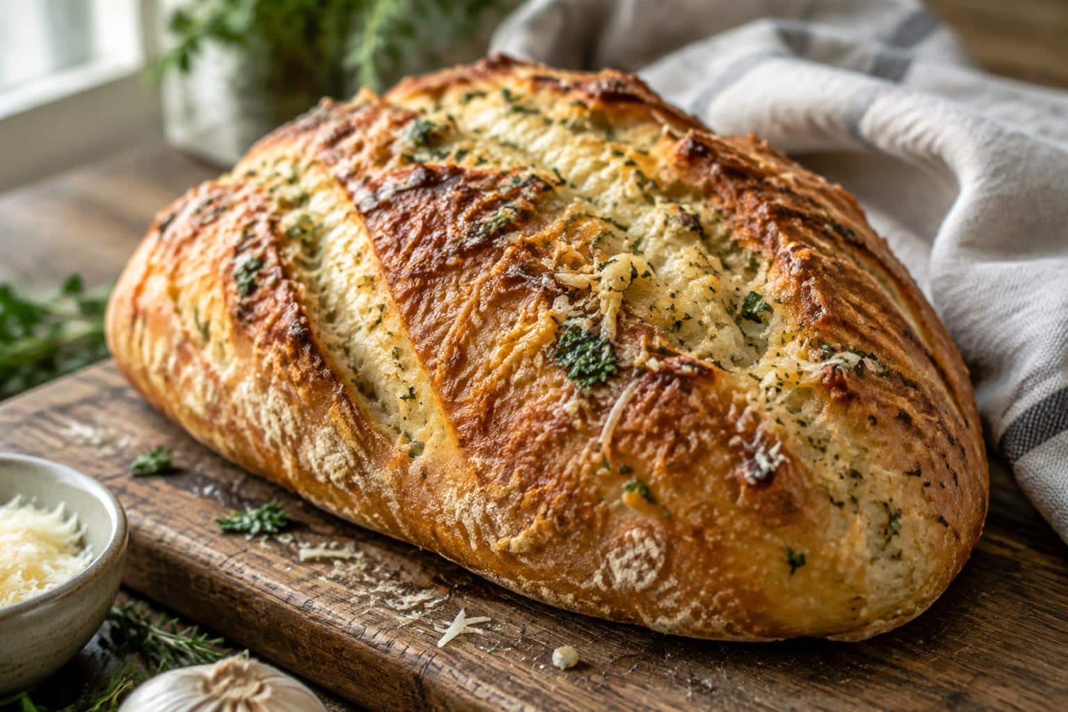 Parmesan garlic bread fresh from the oven with golden crust and herbs