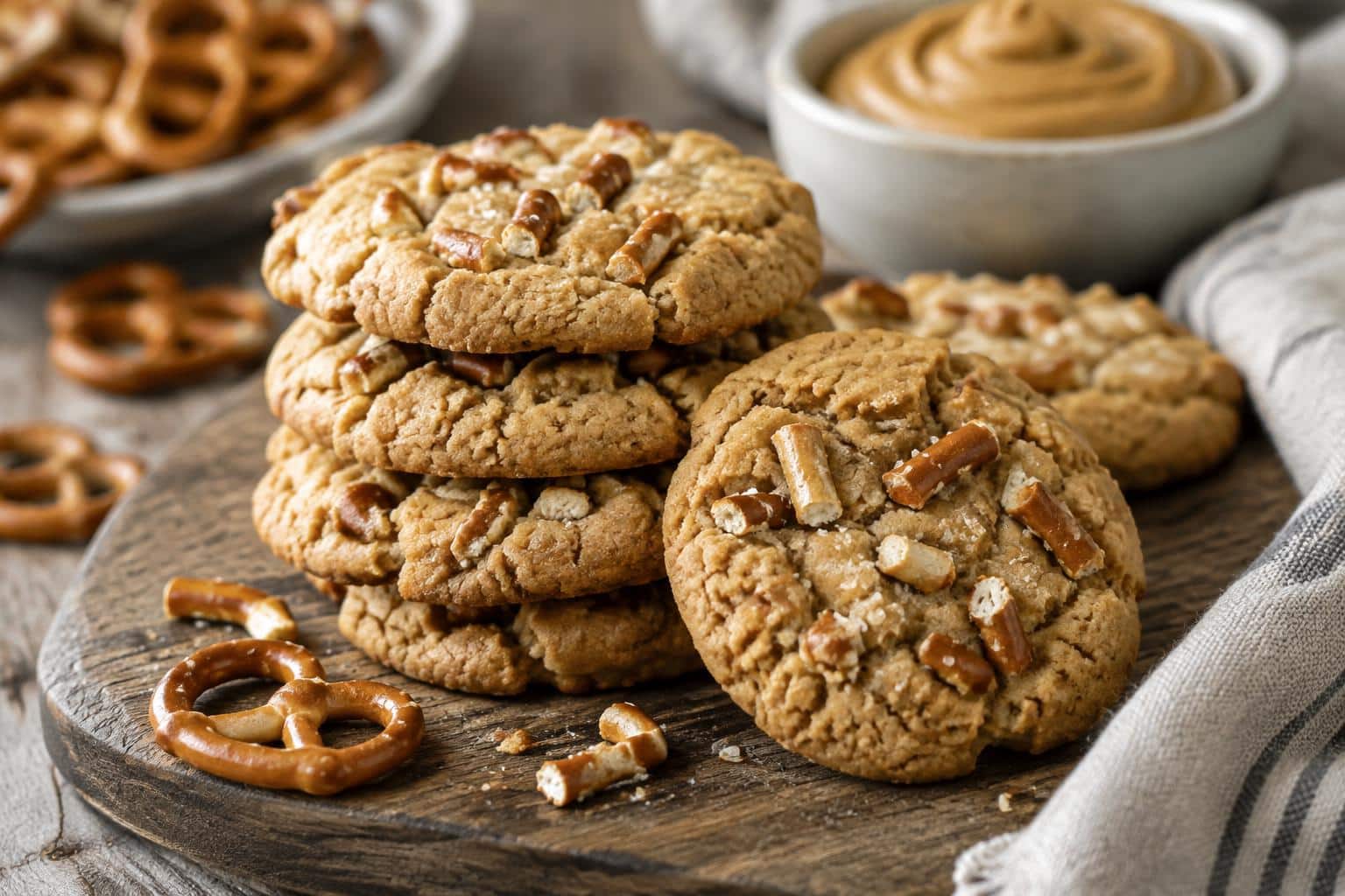 Golden peanut butter pretzel cookies with browned butter blondie base stacked on wooden board