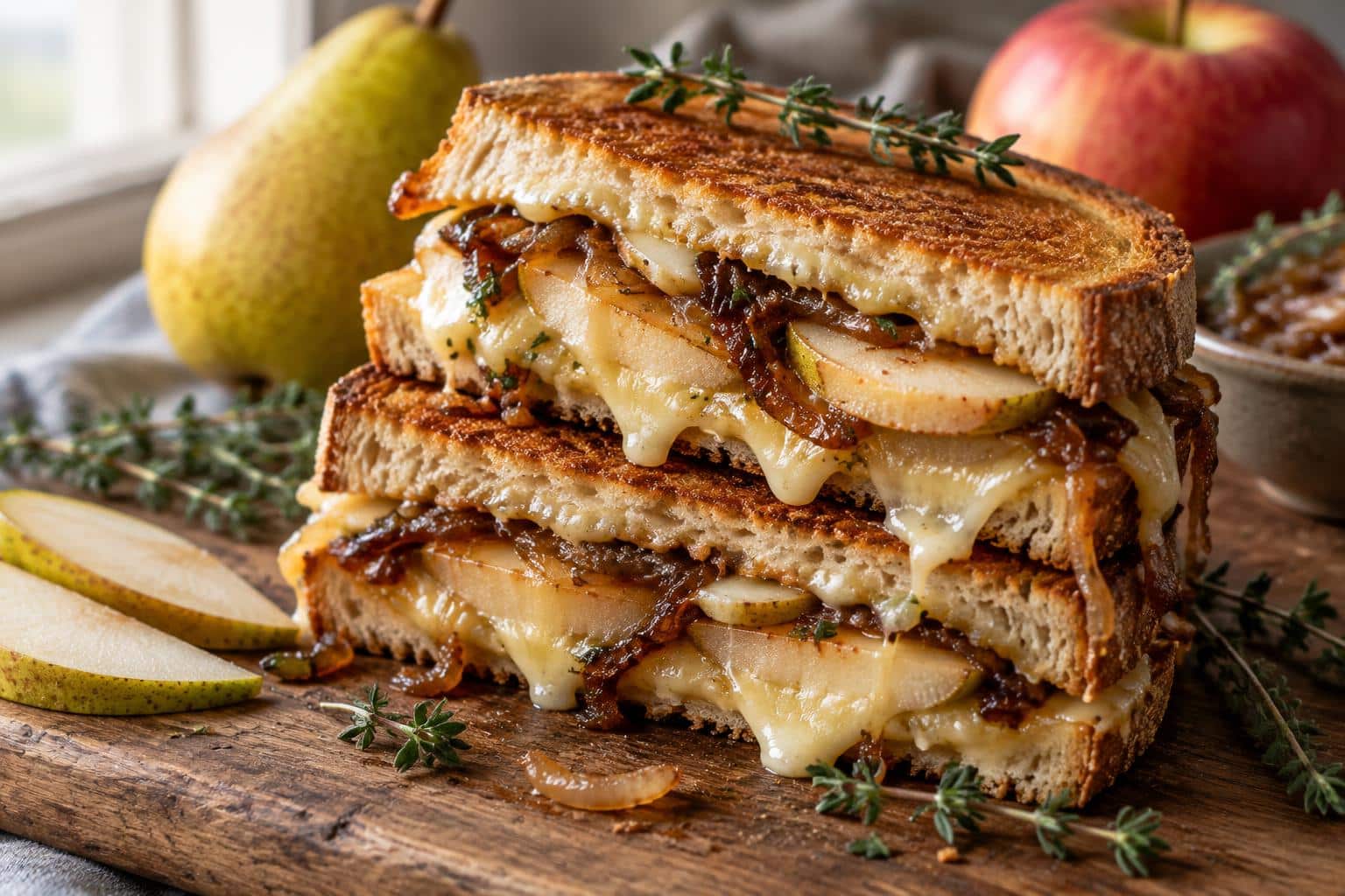 Pear apple grilled cheese with caramelized onions and melted cheese on toasted bread