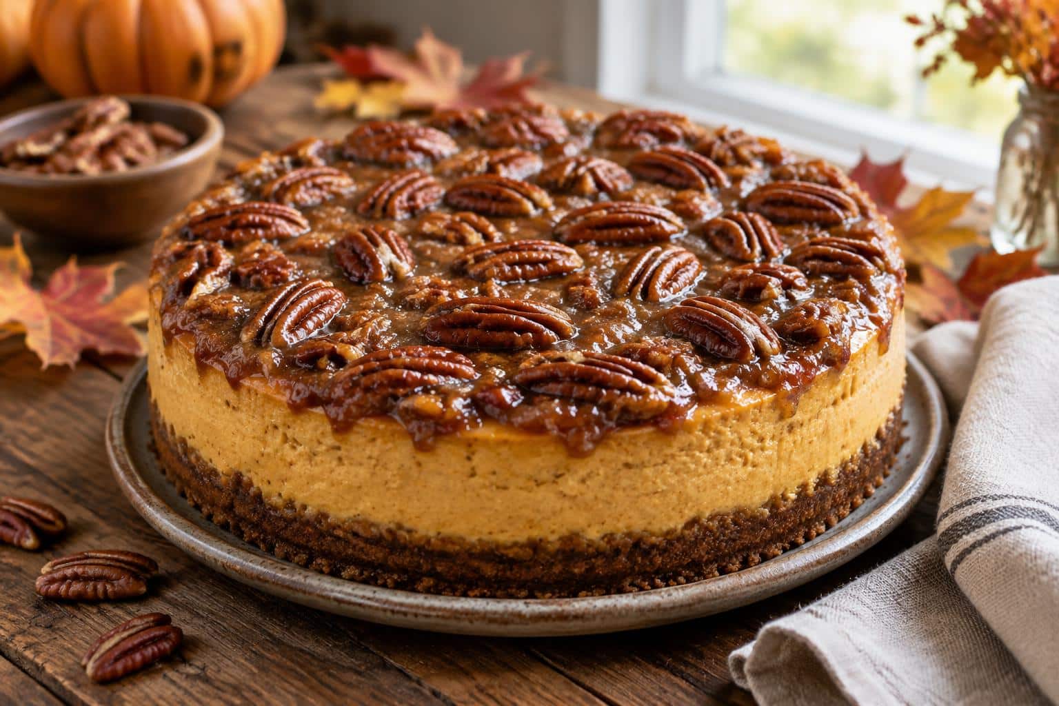Pecan pie pumpkin cheesecake with glossy pecan topping and creamy pumpkin filling