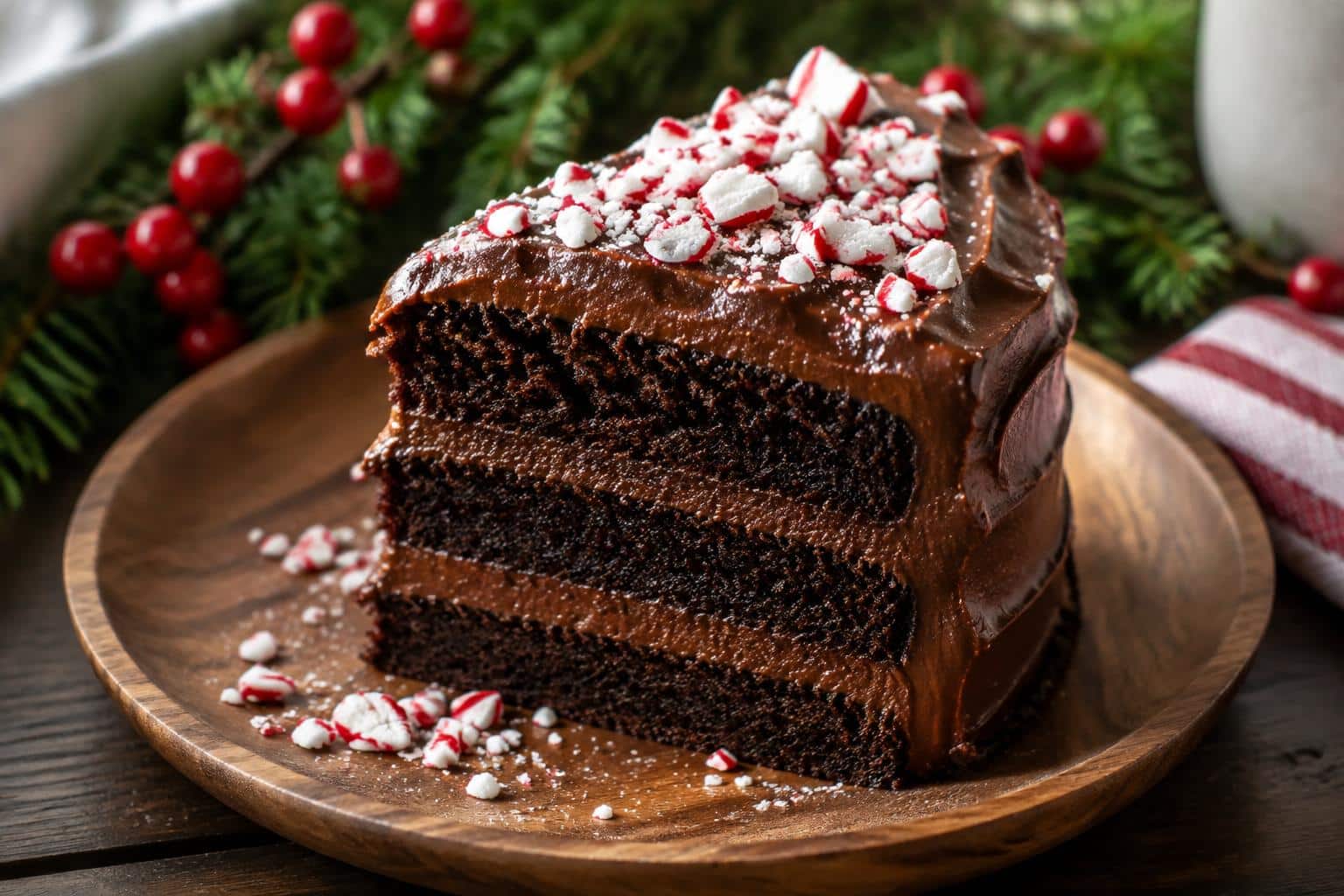 Slice of peppermint fudge cake with crushed candy canes and fudge frosting in natural light
