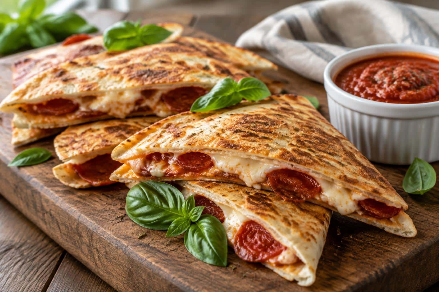 Golden crispy pepperoni pizzadillas with melted cheese and marinara sauce