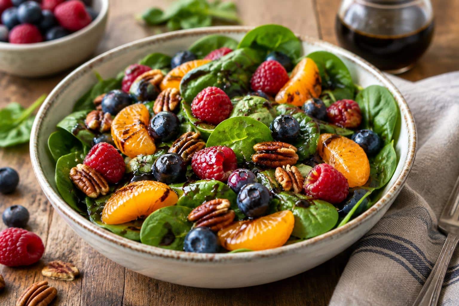 Berry spinach salad with blueberries, raspberries, pecans, mandarin oranges, and balsamic dressing
