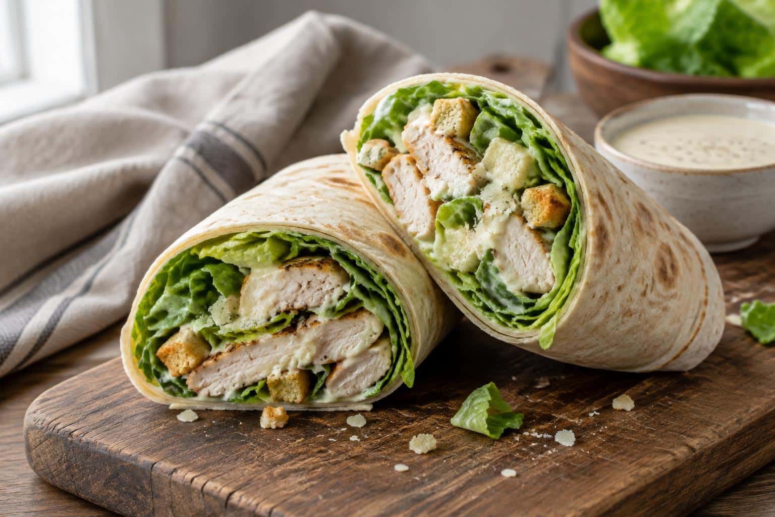 Perfect chicken caesar wrap sliced in half showing fresh greens and creamy dressing