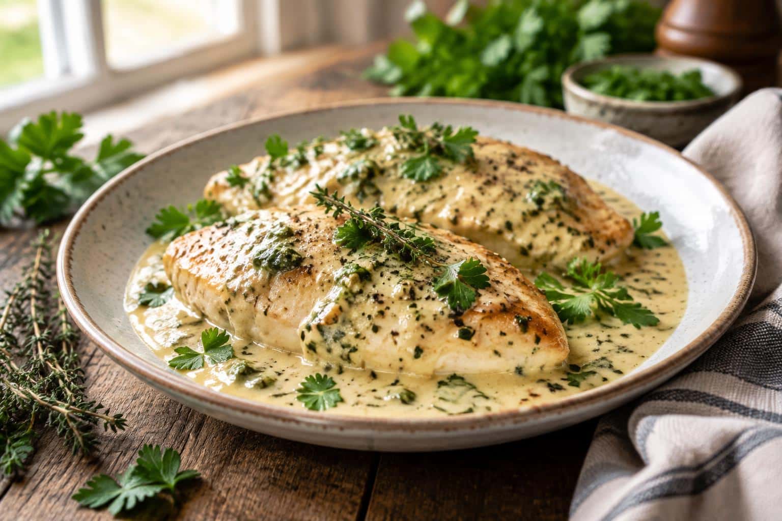 Plate of creamy herb chicken with fresh herbs and rich sauce, showcasing creamy herb chicken