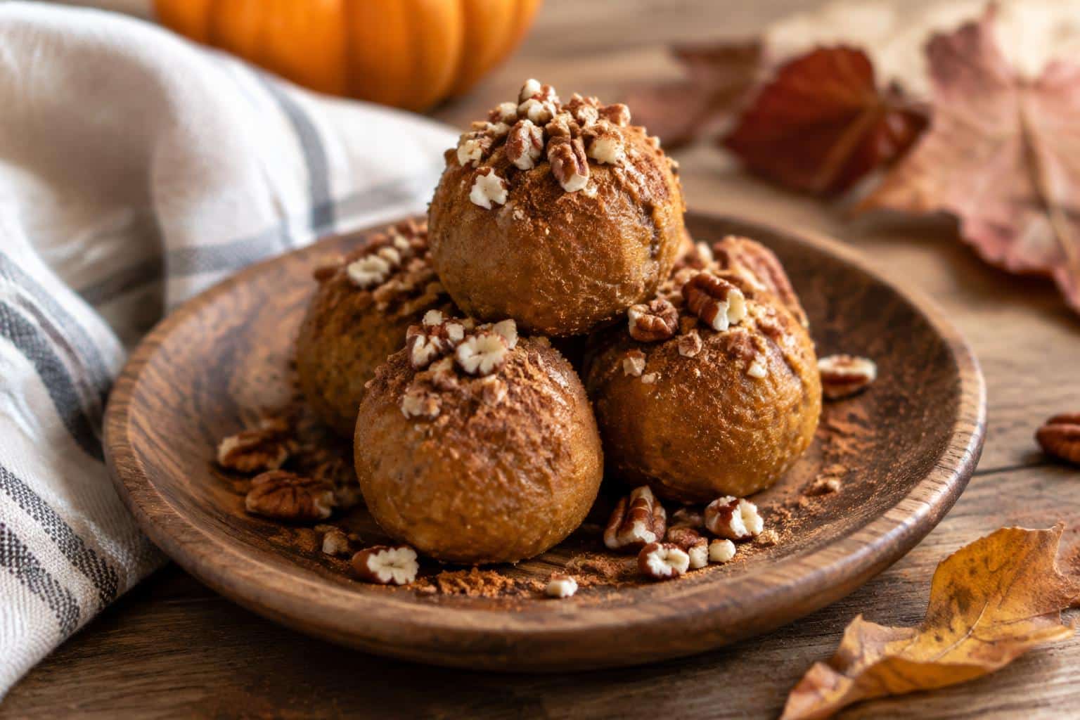 Delicious healthy pumpkin truffles with cinnamon dusting and pecan garnish on rustic plate