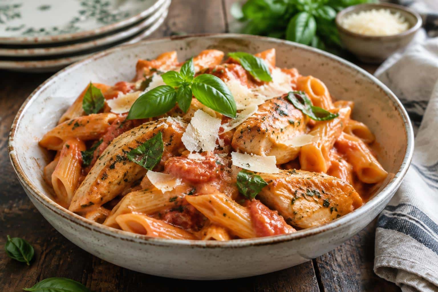 Italian chicken pasta with creamy tomato sauce garnished with basil and parmesan cheese
