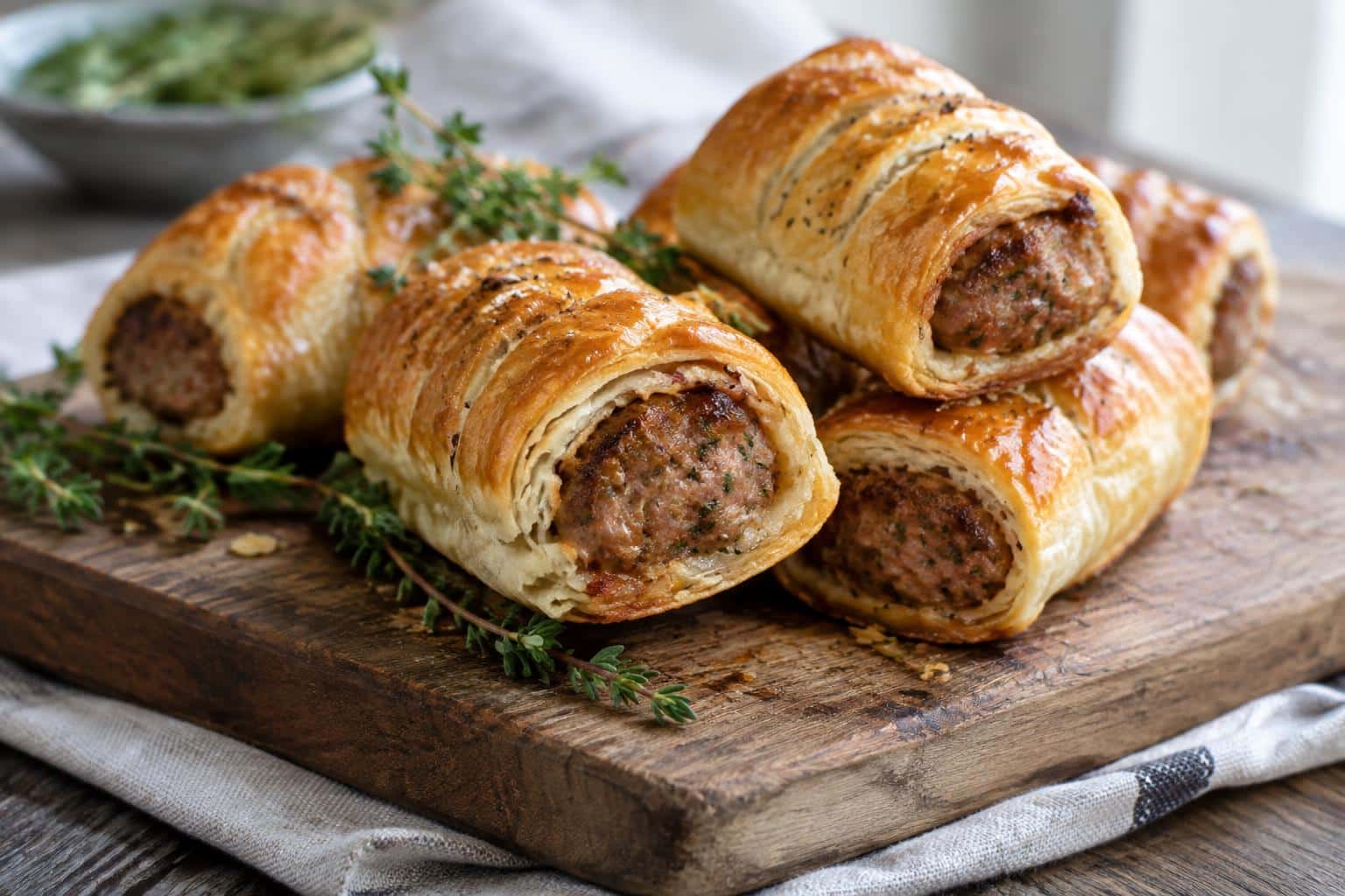 freshly baked bakery-style sausage rolls with golden flaky crust and savory filling
