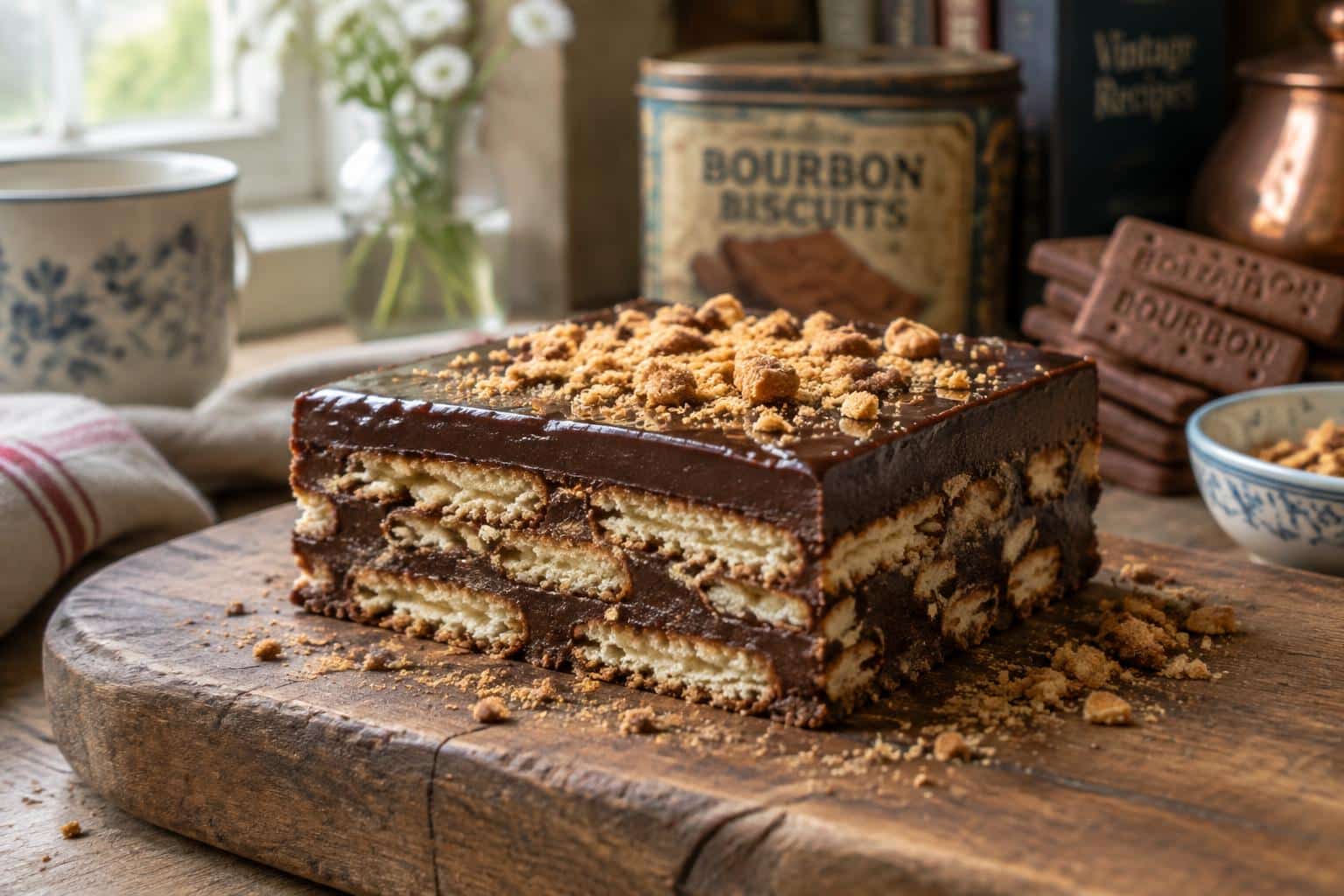 no-bake bourbon biscuit slice with glossy chocolate topping and biscuit layers
