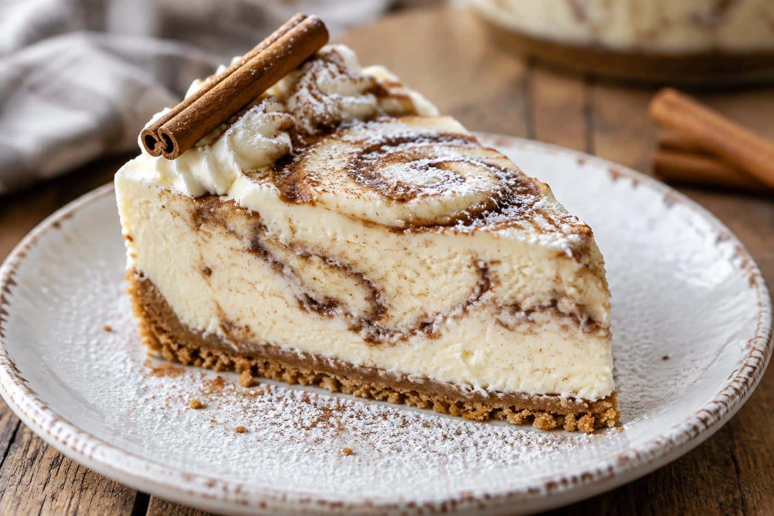 Creamy no bake cinnamon roll cheesecake slice with cinnamon garnish and powdered sugar