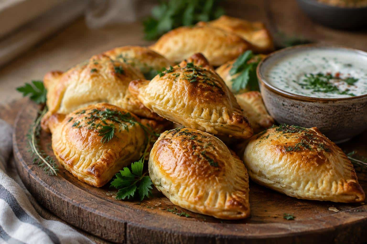 Golden baked perfect pin appetizer with herbs and dipping sauce on rustic wooden platter